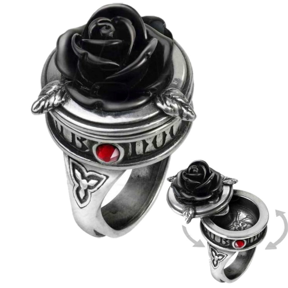 Pewter & Black Rose poison ring Gothic Magic Witch Alchemy jewelry ring
